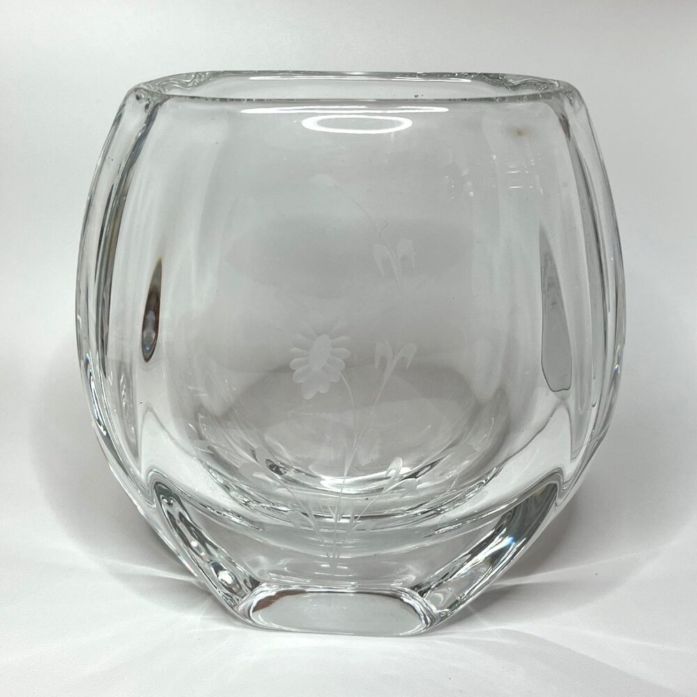 Crystal Glass Etched Thick-Walled Floral Design Vase Heavy